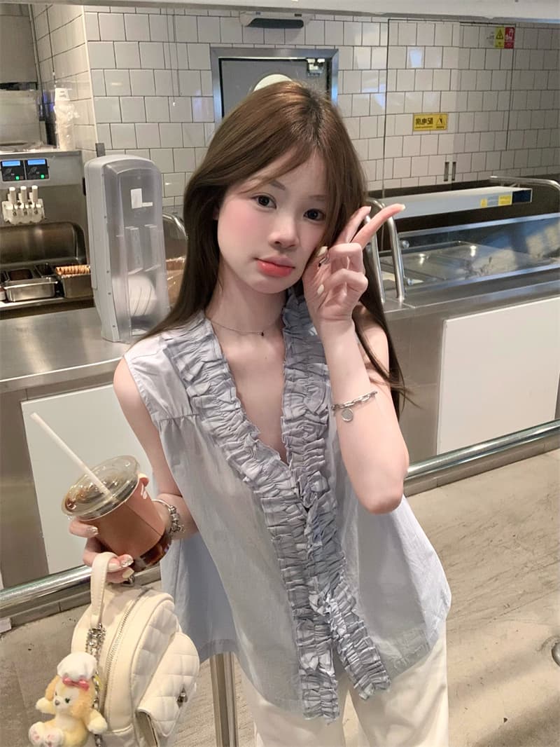 실사 파란색 프릴 민소매 조끼 셔츠 상세 이미지 9