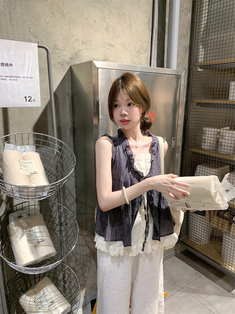 실사 한 부서 페이크 레이어드 레이스 레이스 체크무늬 패치워크 민소매 셔츠 맨위 상세 이미지 5