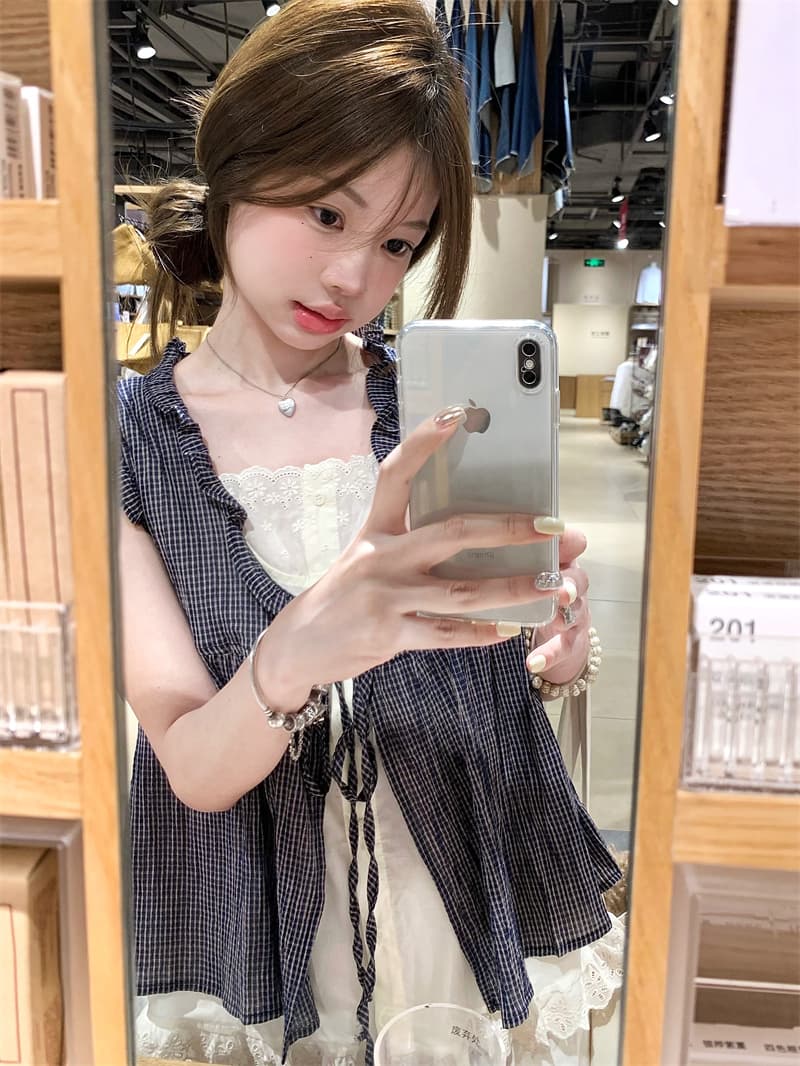 실사 한 부서 페이크 레이어드 레이스 레이스 체크무늬 패치워크 민소매 셔츠 맨위 상세 이미지 9