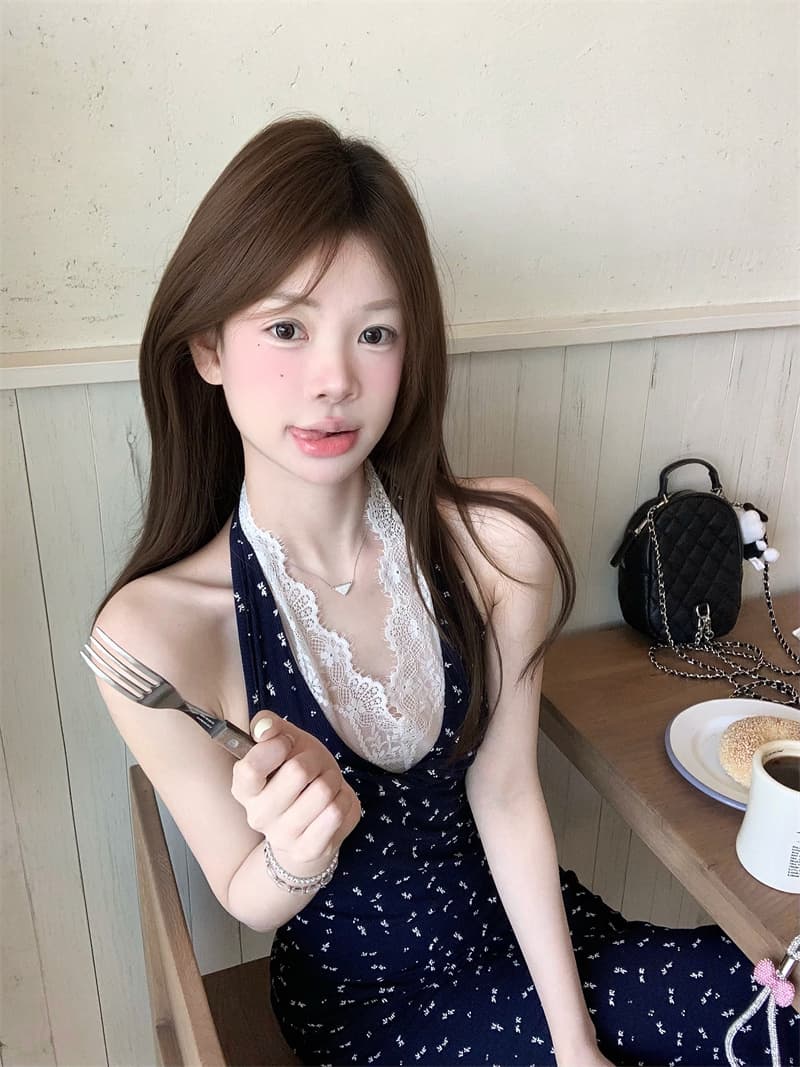실사 휴가 바람 꽃무늬 행침 목 레이스 패치워크 드레스 상세 이미지 4