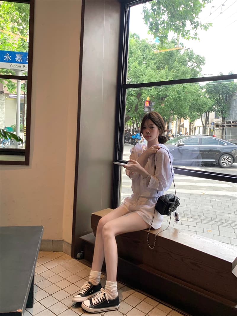 실사 순수한 욕망 자외선 차단 반바지 재킷 반바지 캐주얼 느긋한 세트 상세 이미지 3