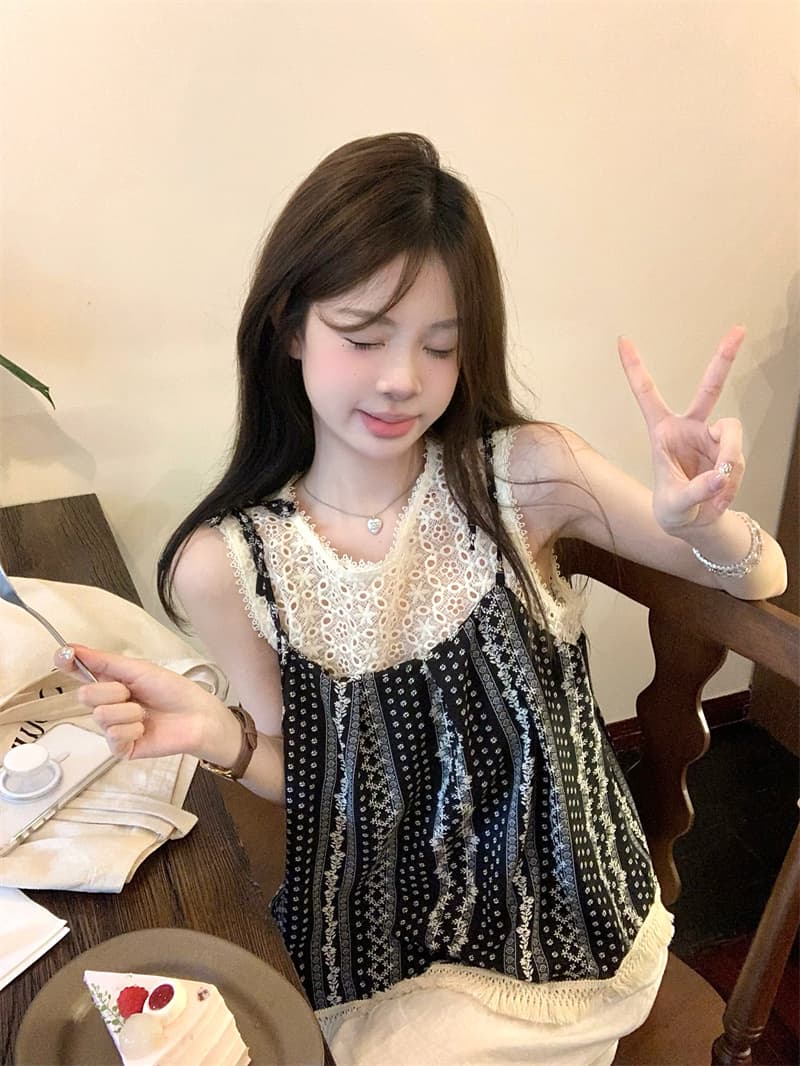 실사 한 부서 달콤함 부드러운 바람 나비 매듭 스트랩 페이크 레이어드 민소매 맨위