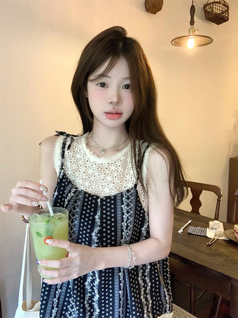 실사 한 부서 달콤함 부드러운 바람 나비 매듭 스트랩 페이크 레이어드 민소매 맨위 상세 이미지 7