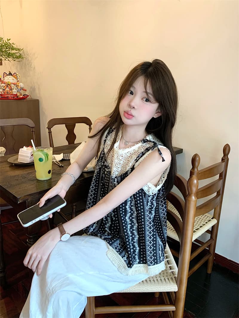 실사 한 부서 달콤함 부드러운 바람 나비 매듭 스트랩 페이크 레이어드 민소매 맨위 상세 이미지 10