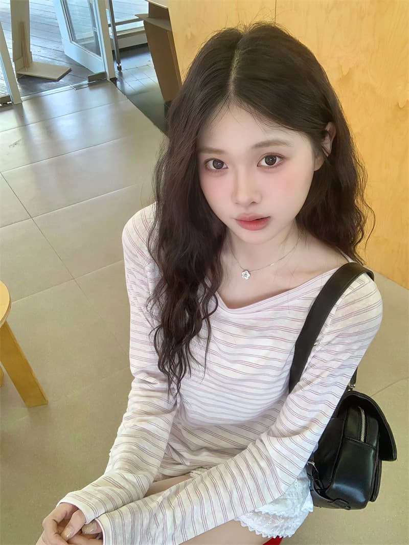 실사 연인 소녀 보라색 스트라이프 느긋한 루즈핏 긴팔 티셔츠 여성 여름 자외선 차단 블라우스 맨위 상세 이미지 1