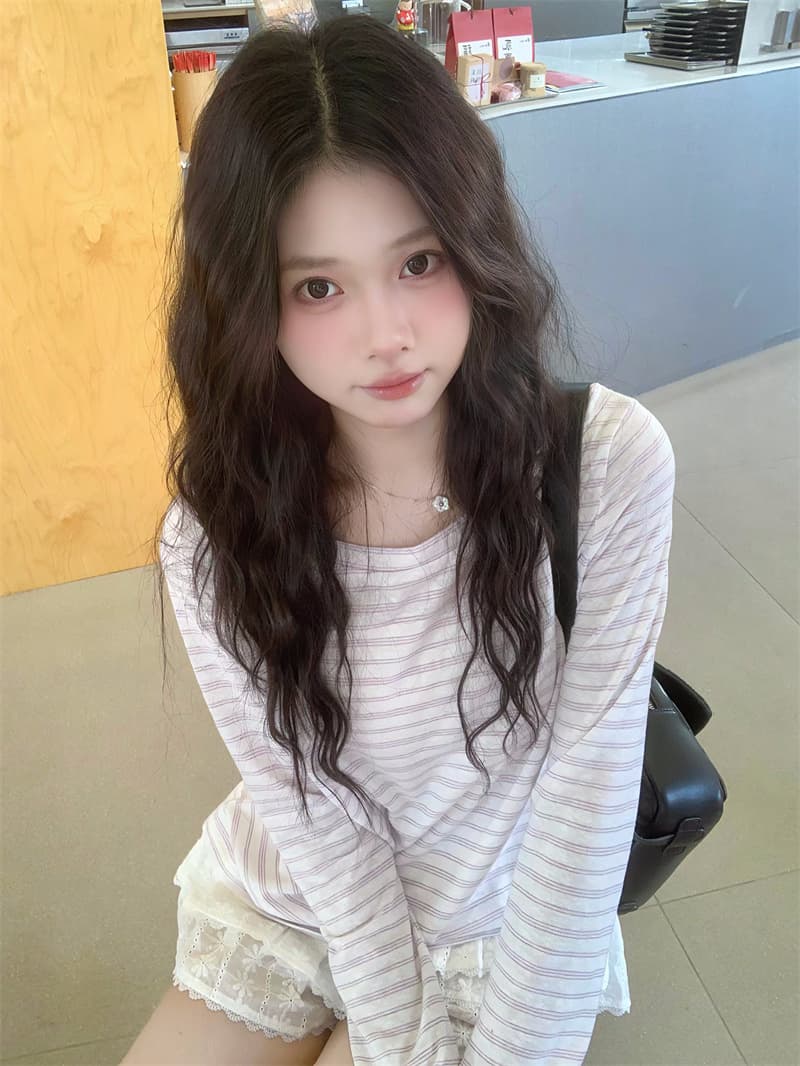 실사 연인 소녀 보라색 스트라이프 느긋한 루즈핏 긴팔 티셔츠 여성 여름 자외선 차단 블라우스 맨위 상세 이미지 6