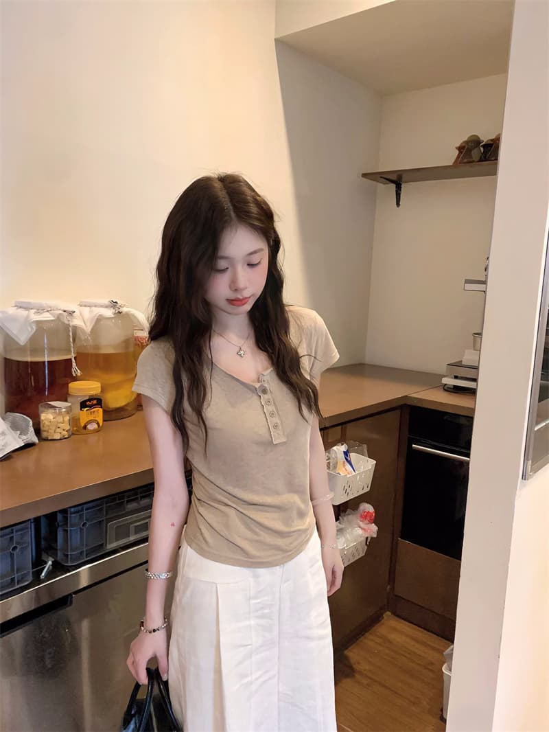 실사 볼륨 측면 어깨 헨리 칼라 반팔 맨위 티셔츠 이미지 3