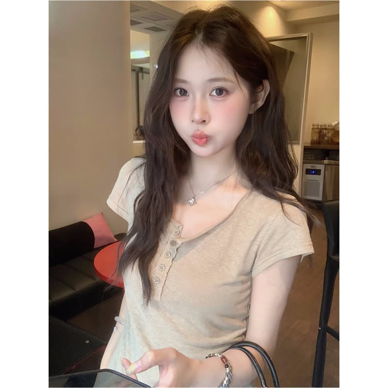 실사 볼륨 측면 어깨 헨리 칼라 반팔 맨위 티셔츠 이미지 5