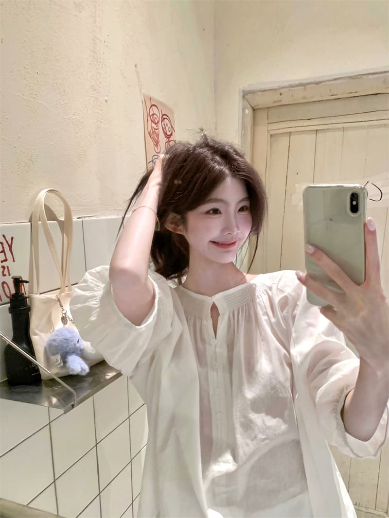 실사 달빛 돌 화이트 루즈핏 중간 소매 라운드 넥 셔츠 세트 패치워크 레이스 반바지 투피스 세트 이미지 3