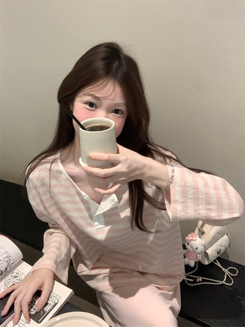 실사 스트라이프 루즈핏 기본 셔츠 긴팔 티셔츠 얇은 스타일 자외선 차단 이미지 2