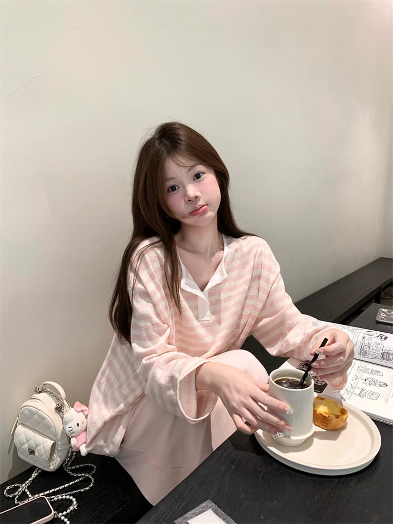 실사 스트라이프 루즈핏 기본 셔츠 긴팔 티셔츠 얇은 스타일 자외선 차단 이미지 3