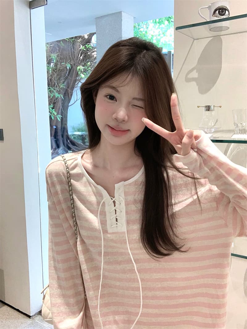 실사 스트라이프 루즈핏 기본 셔츠 긴팔 티셔츠 얇은 스타일 자외선 차단 상세 이미지 6
