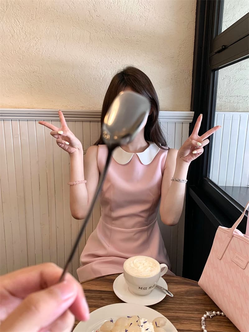 실사 배색 베이비 칼라 민소매 품격 한 부서 허리 수축 드레스 상세 이미지 2