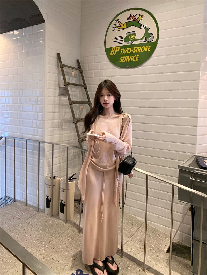 실사 분유 색상 느긋한 달콤함 조끼 오픈 가디건 반신 스커트 3종 세트 세트 이미지 3