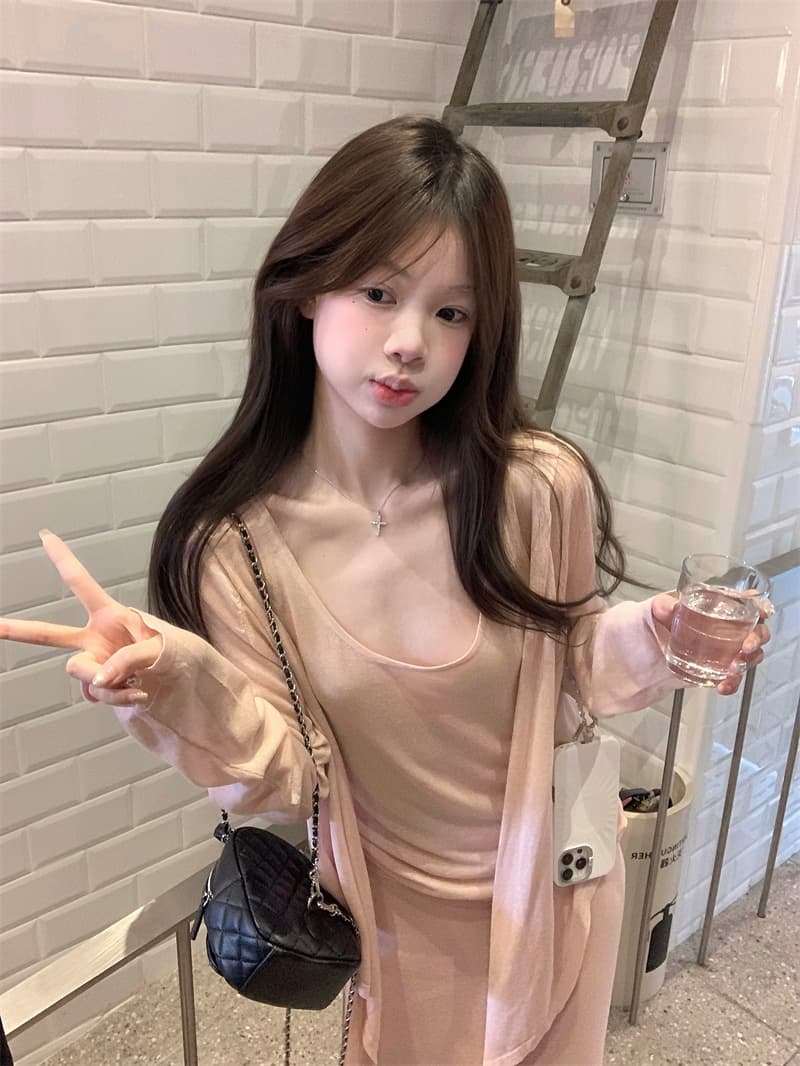 실사 분유 색상 느긋한 달콤함 조끼 오픈 가디건 반신 스커트 3종 세트 세트