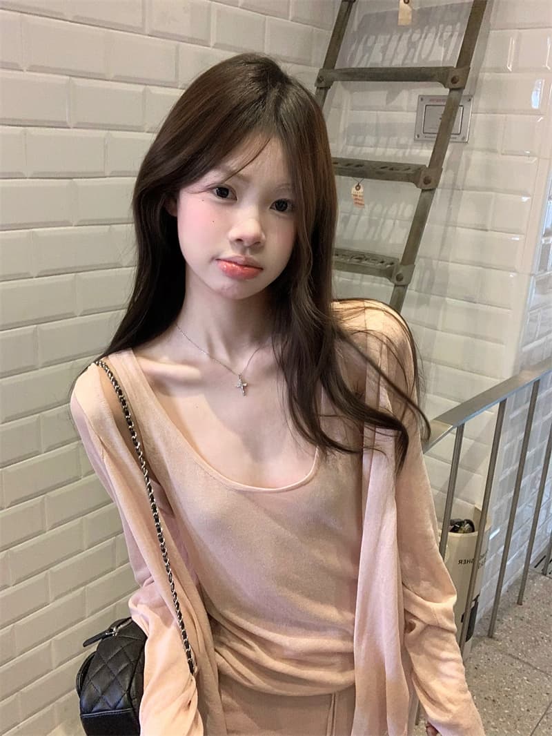 실사 분유 색상 느긋한 달콤함 조끼 오픈 가디건 반신 스커트 3종 세트 세트 상세 이미지 4