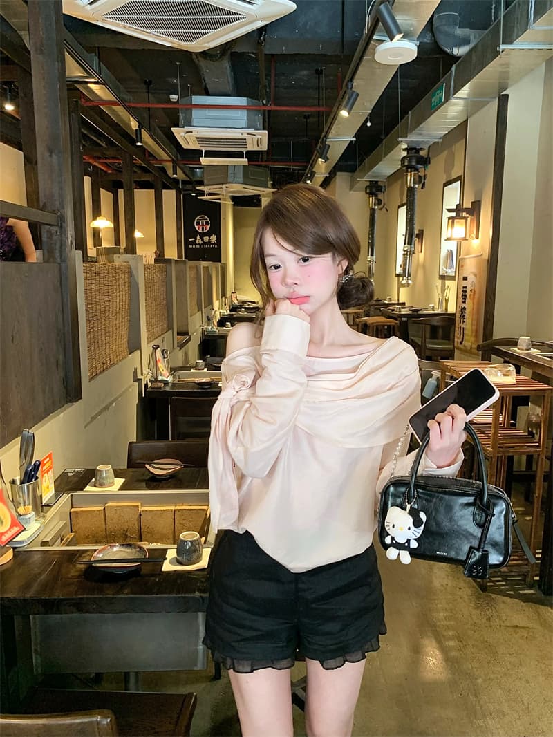 실사 부드러운 품격 원 웨이 불규칙 리본 보트넥 셔츠 상세 이미지 2