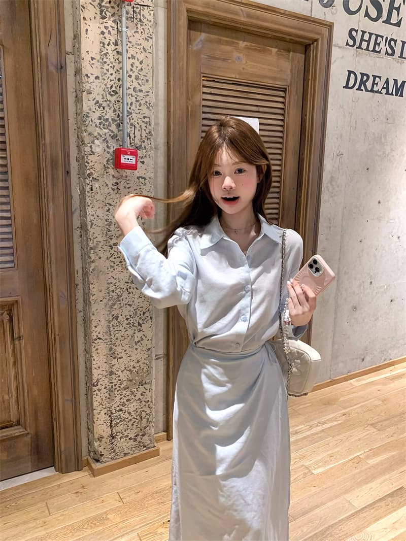 실사 디자인 센스 페이크 레이어드 셔츠 허리 수축 드레스 이미지 2