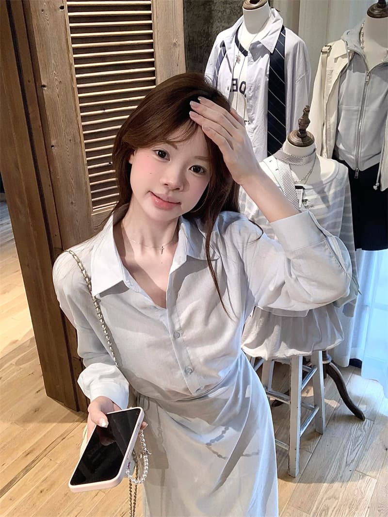실사 디자인 센스 페이크 레이어드 셔츠 허리 수축 드레스 상세 이미지 7