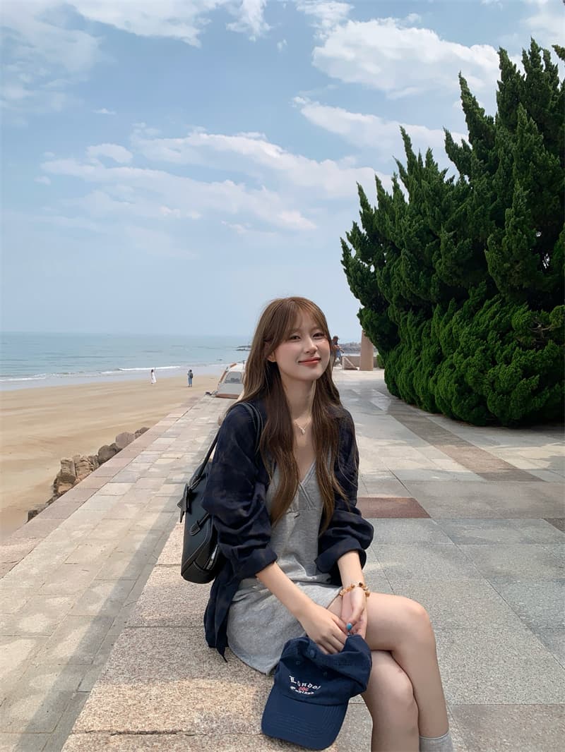실사 한 부서 느긋한 소녀 해군 체크무늬 셔츠 슬립 V넥 니트 원피스 상세 이미지 1