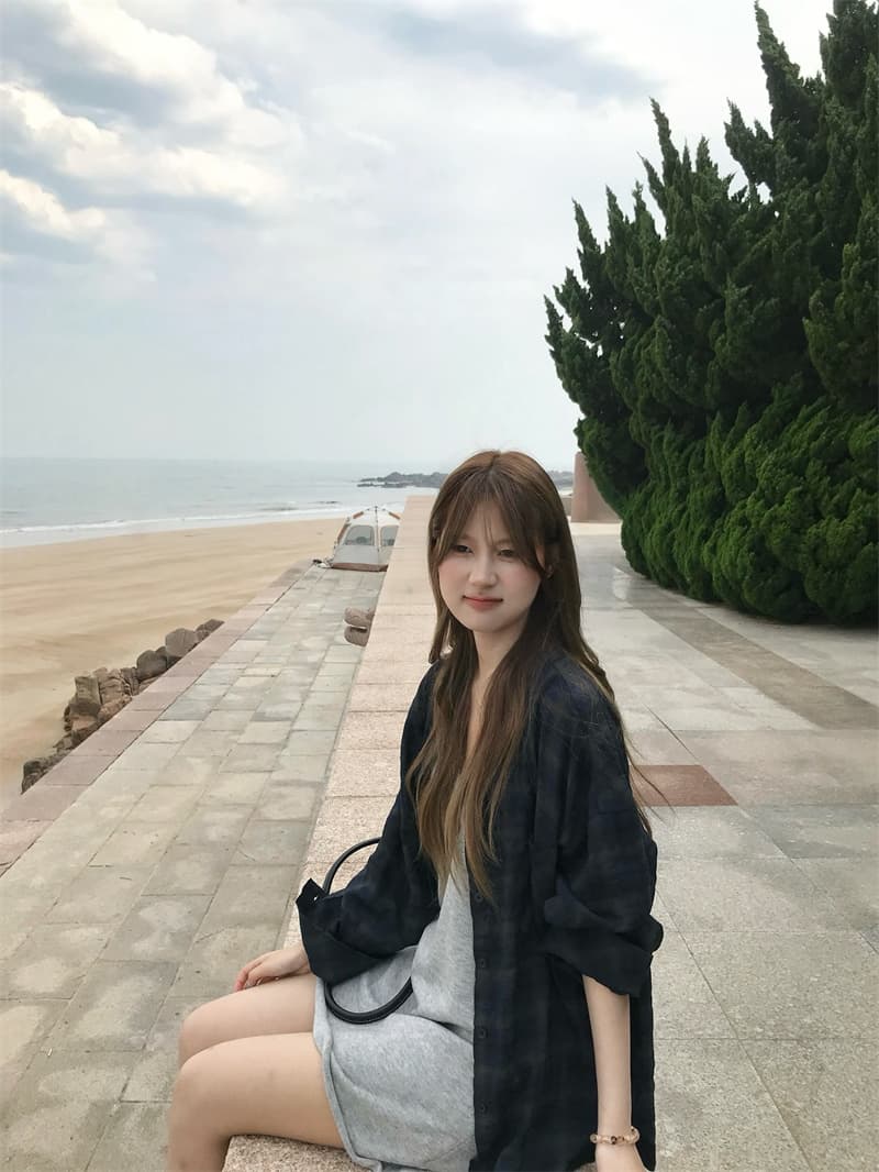 실사 한 부서 느긋한 소녀 해군 체크무늬 셔츠 슬립 V넥 니트 원피스 상세 이미지 4