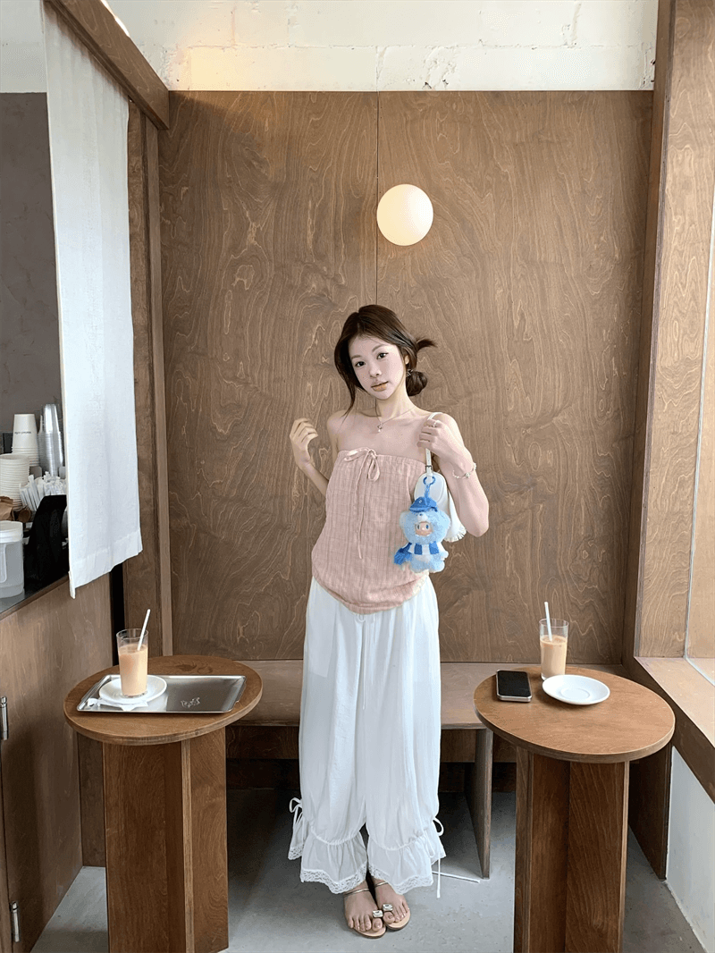 버블 질감 센스 레이스업 핑크색 체크무늬 튜브탑 맨위 여름 이미지 2
