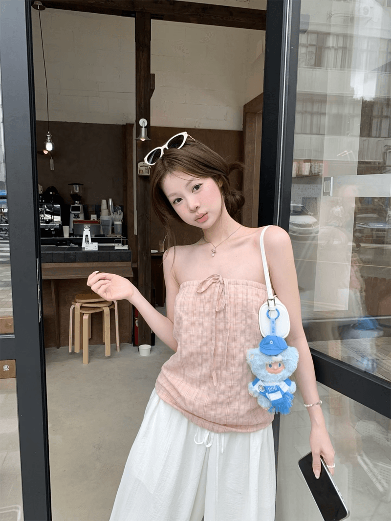 버블 질감 센스 레이스업 핑크색 체크무늬 튜브탑 맨위 여름 이미지 3