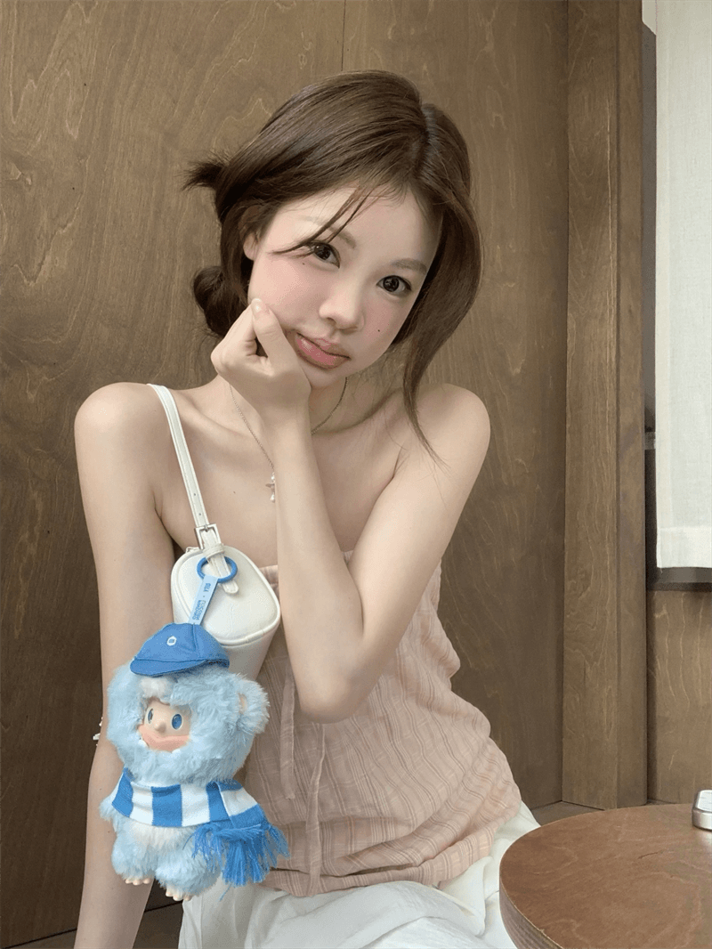버블 질감 센스 레이스업 핑크색 체크무늬 튜브탑 맨위 여름 상세 이미지 5