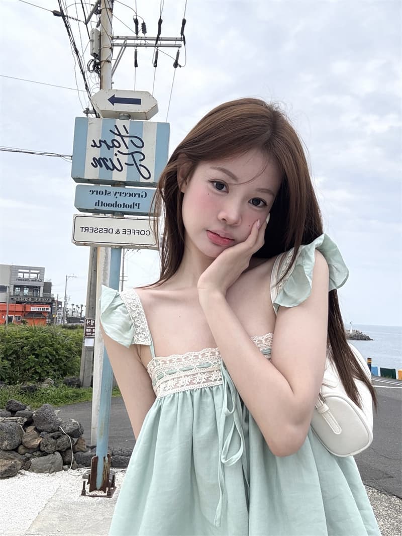 실사 녹색 레이스 작은 날다 소매 달콤함 맨위 셔츠 작은 셔츠 이미지 3