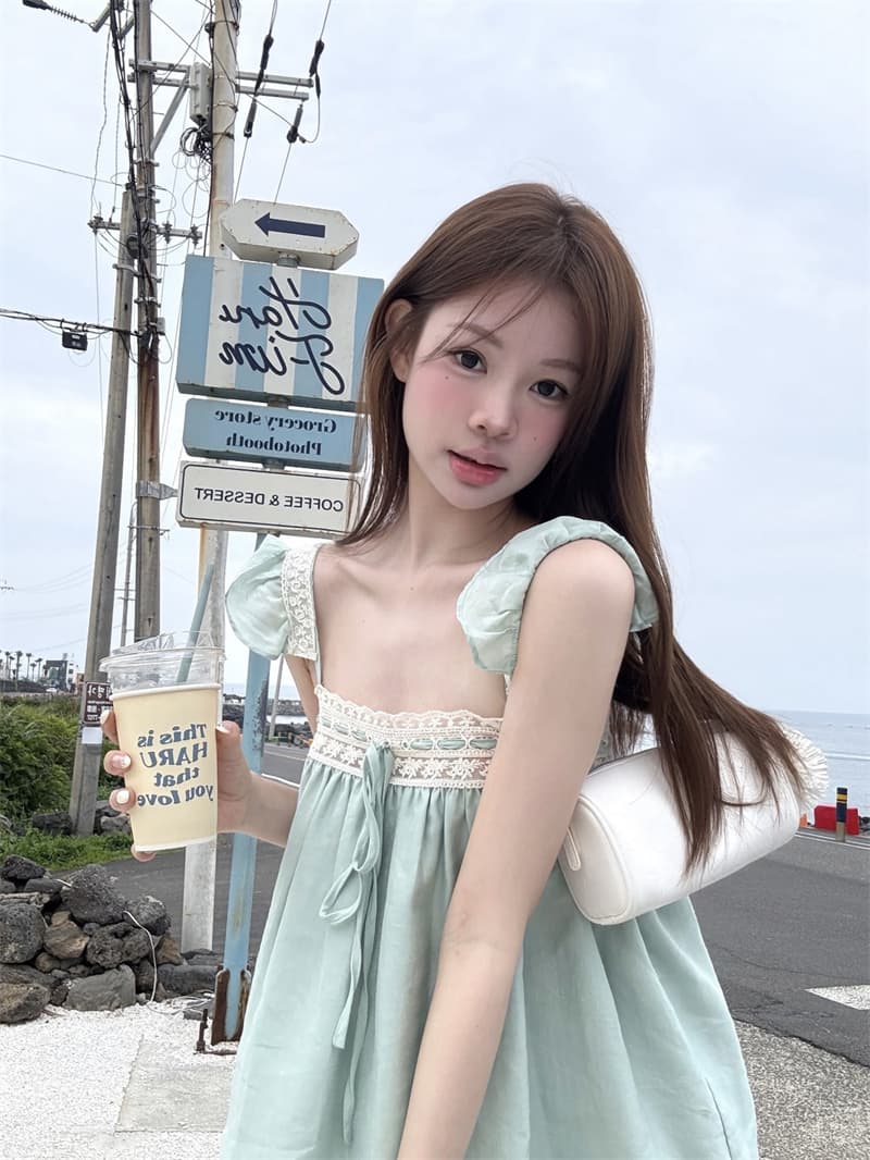 실사 녹색 레이스 작은 날다 소매 달콤함 맨위 셔츠 작은 셔츠 상세 이미지 1