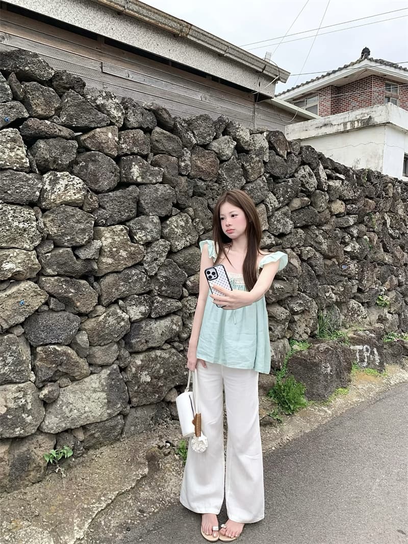 실사 녹색 레이스 작은 날다 소매 달콤함 맨위 셔츠 작은 셔츠 상세 이미지 2