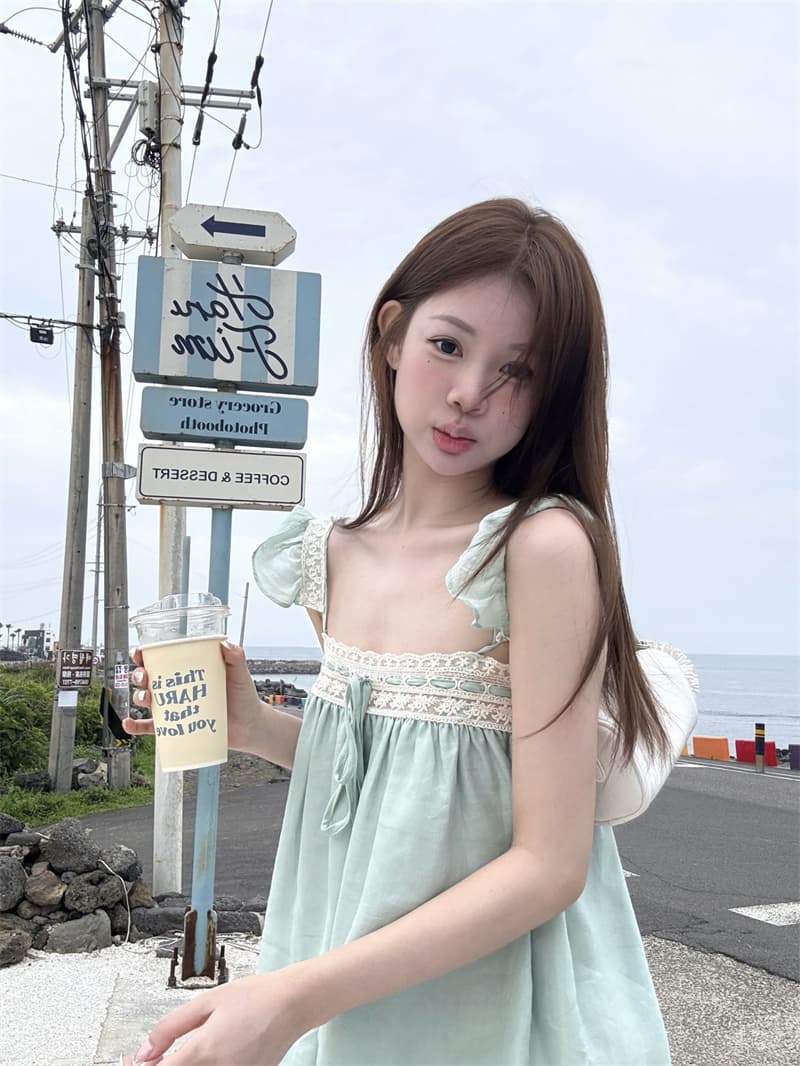 실사 녹색 레이스 작은 날다 소매 달콤함 맨위 셔츠 작은 셔츠 상세 이미지 4