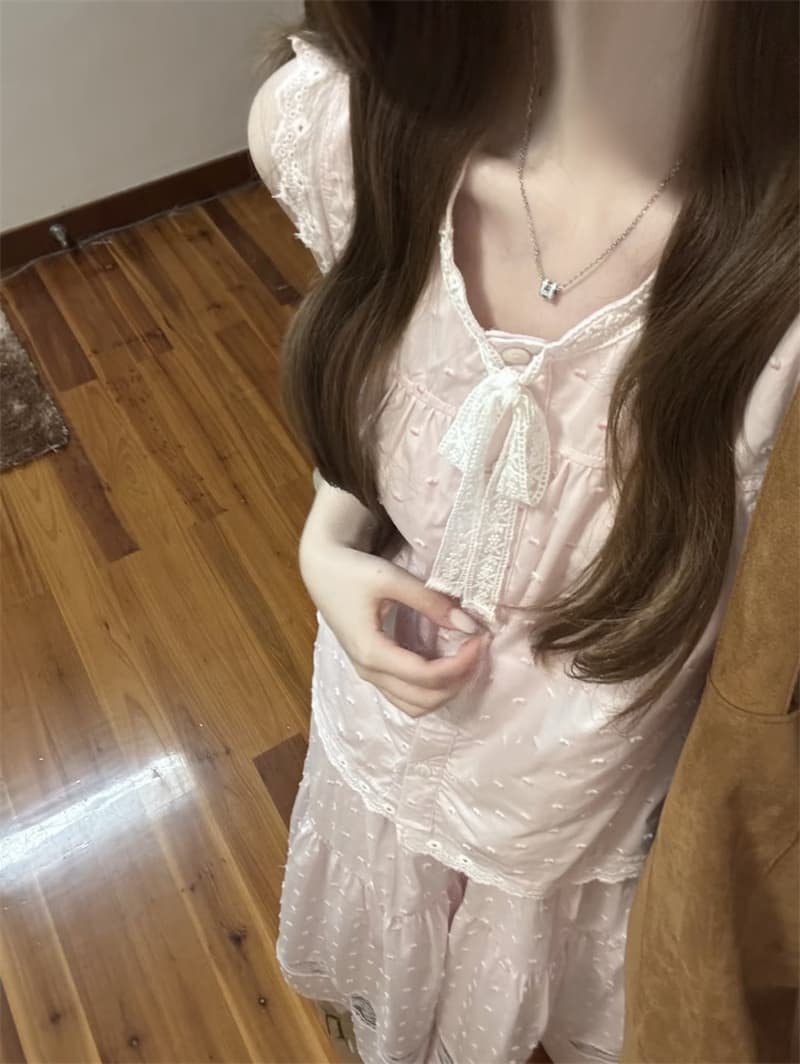 실사 소녀 분말 완두콩 전단 꽃 봉오리 실크 조끼 맨위 달콤함 반신 치마 세트 상세 이미지 4