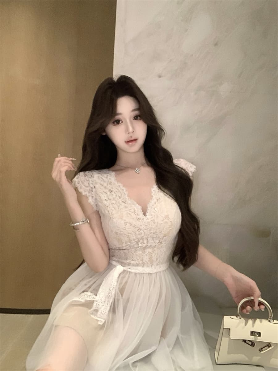 정가 실사 레이스 조각 망사 디자인 허리 수축 보내기 레이스 벨트 슬림해 보이는 민소매 드레스 상세 이미지 15