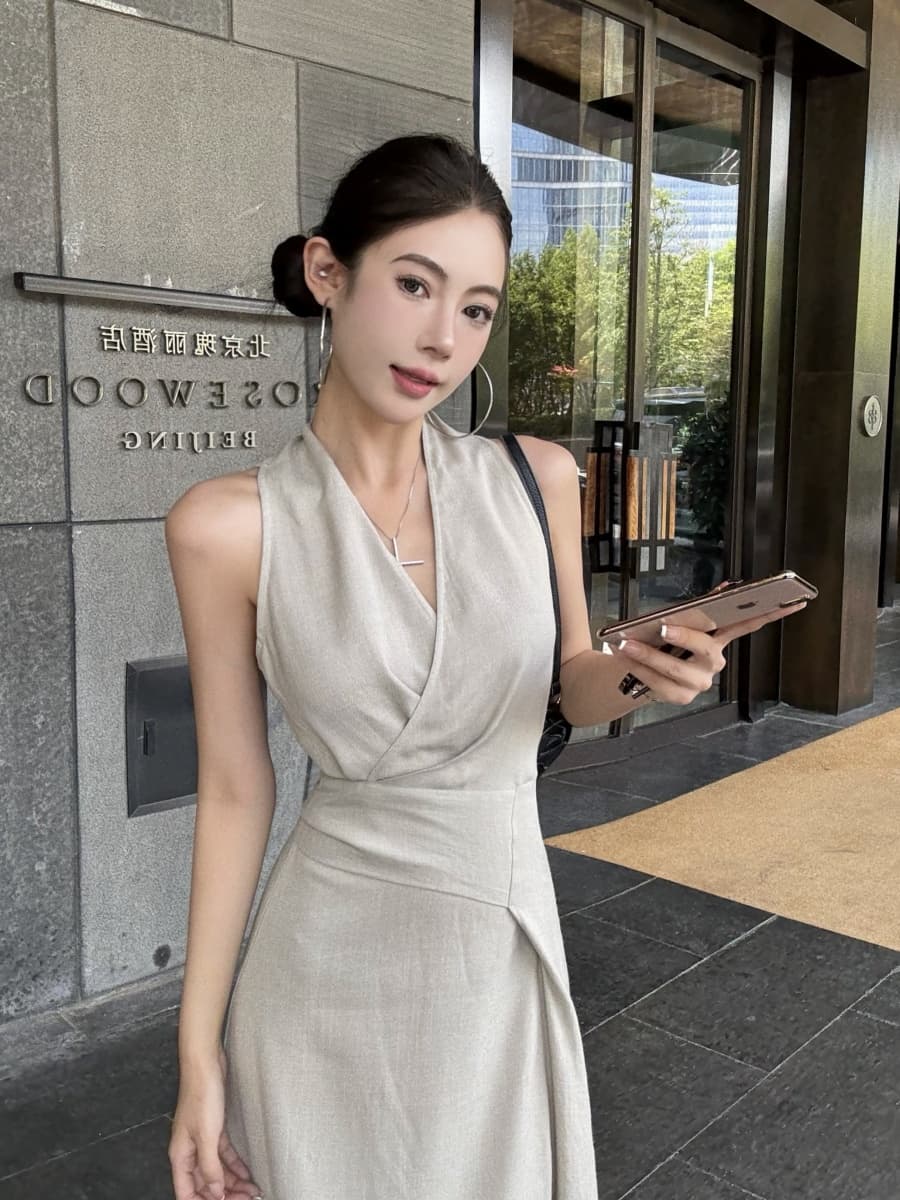 정가 실사 하나 슬라이스 허리 수축 드레스 품격 V넥 롱 스커트 이미지 2
