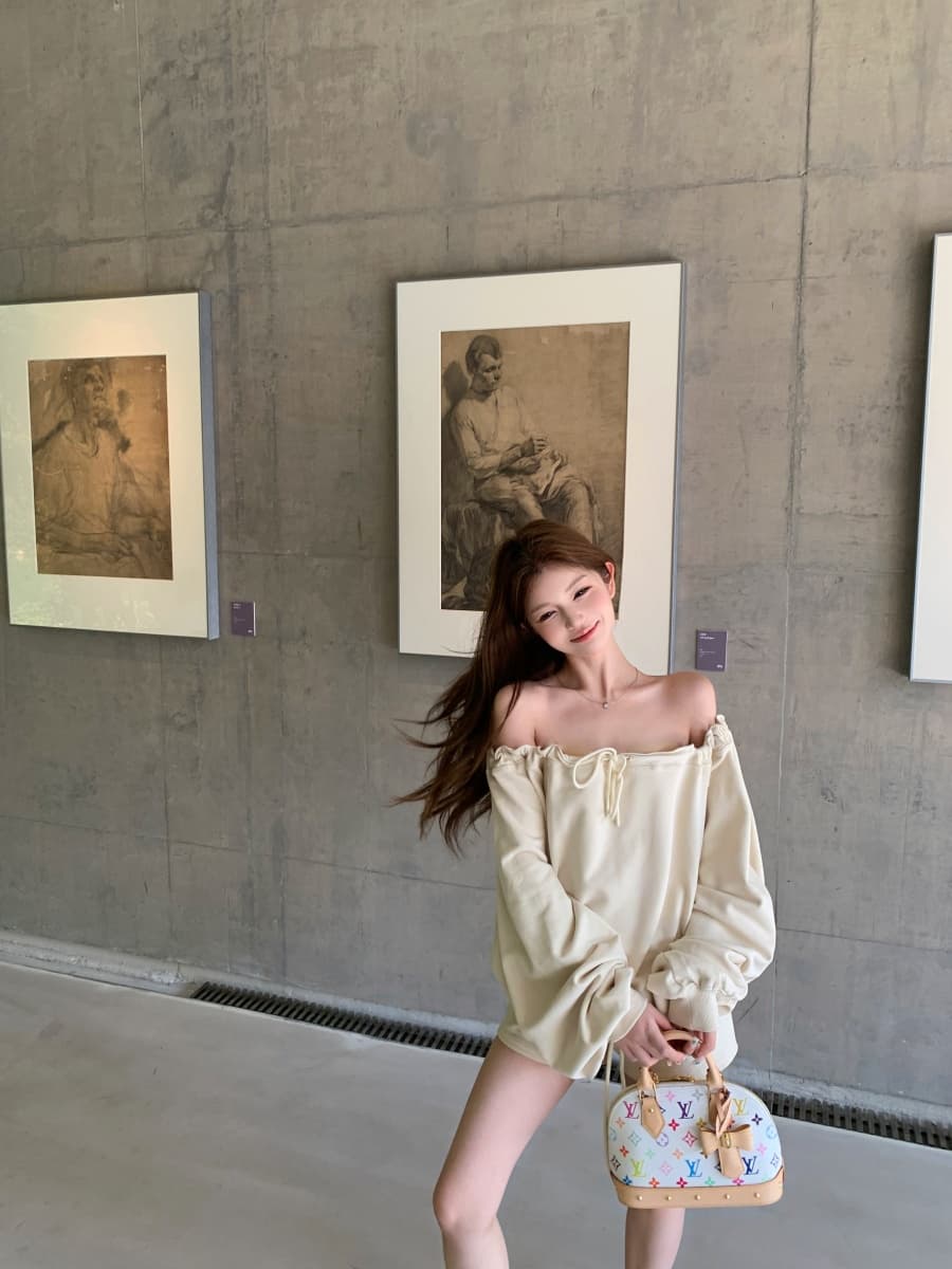 정가 실사 느긋한 루즈핏 비스듬한 어깨 후드티 긴팔 맨위 펌프 로프 반바지 세트 상세 이미지 9