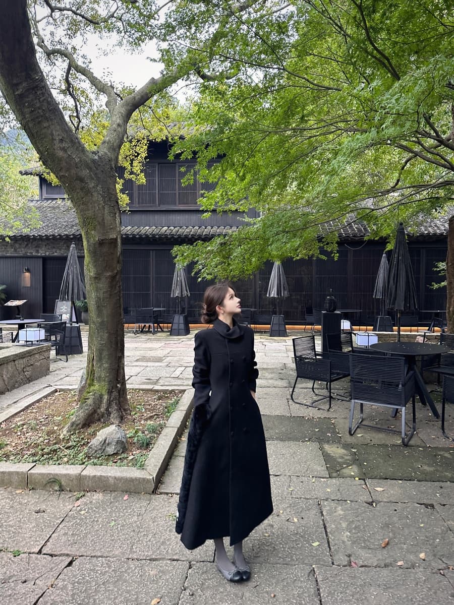 정가 실사 한국 스타일 폴로 칼라 이중 버튼 샤오시엔 디자인 센스 모직 코트 롱 코트 상세 이미지 4
