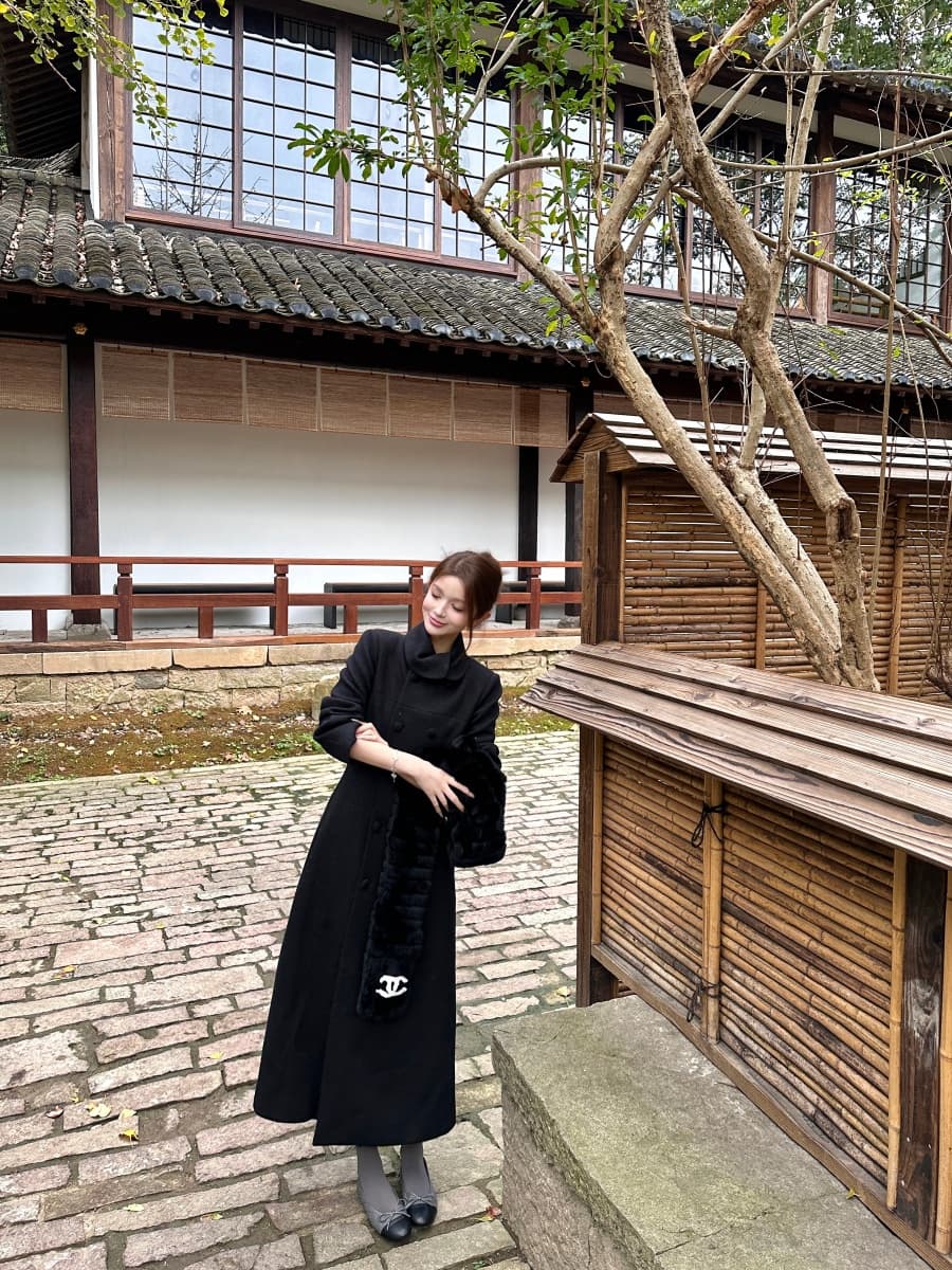 정가 실사 한국 스타일 폴로 칼라 이중 버튼 샤오시엔 디자인 센스 모직 코트 롱 코트 상세 이미지 9