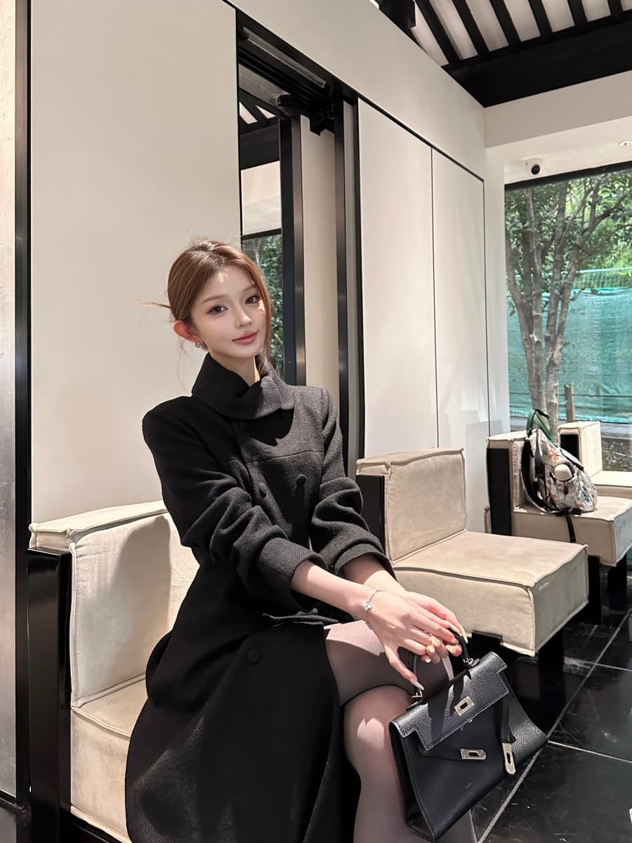 정가 실사 한국 스타일 폴로 칼라 이중 버튼 샤오시엔 디자인 센스 모직 코트 롱 코트 상세 이미지 11
