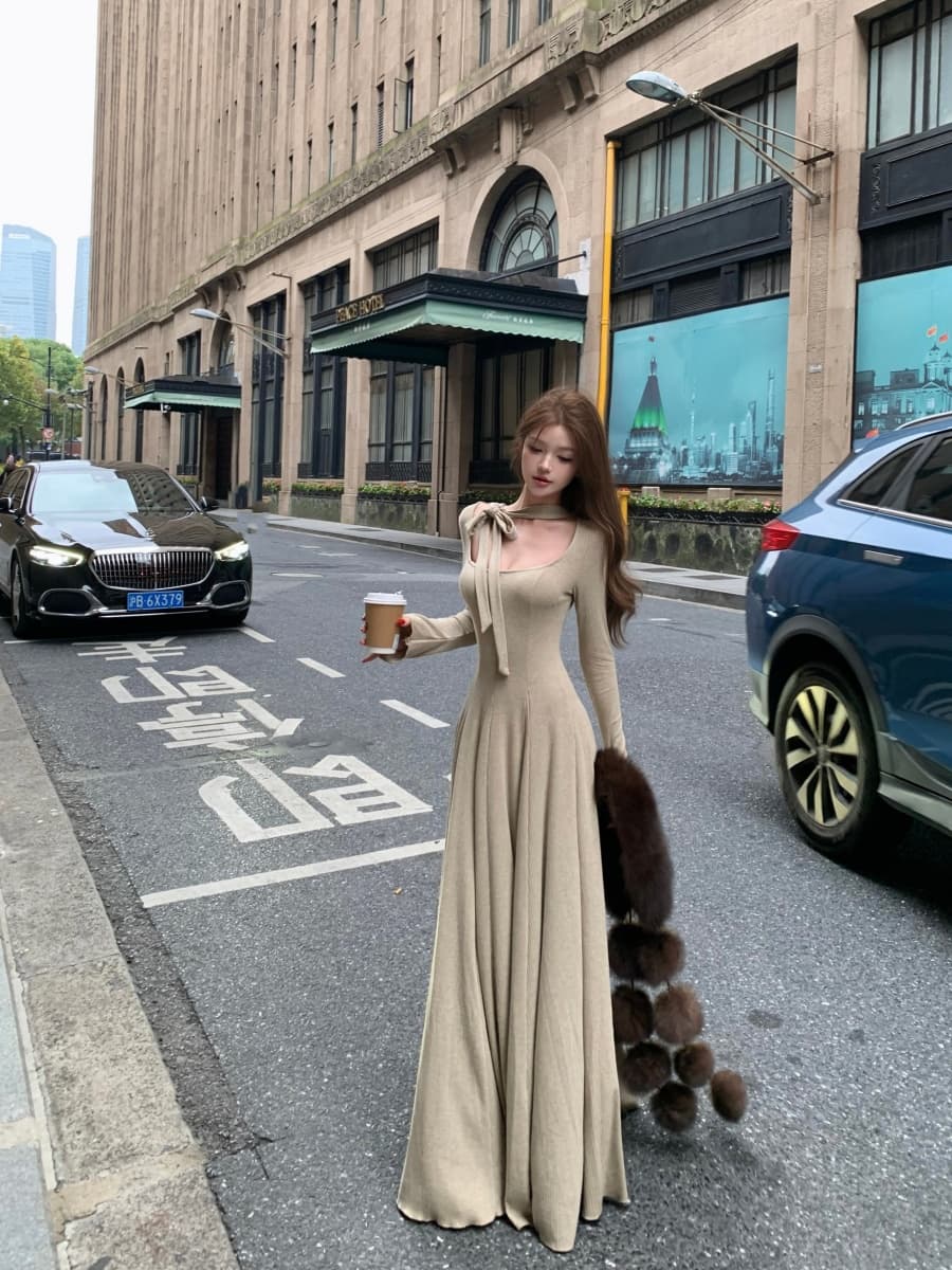 정가 실사 발레 바람 예술 대 치마 광장 칼라 레이스업 니트 허리 수축 긴팔 드레스 상세 이미지 9