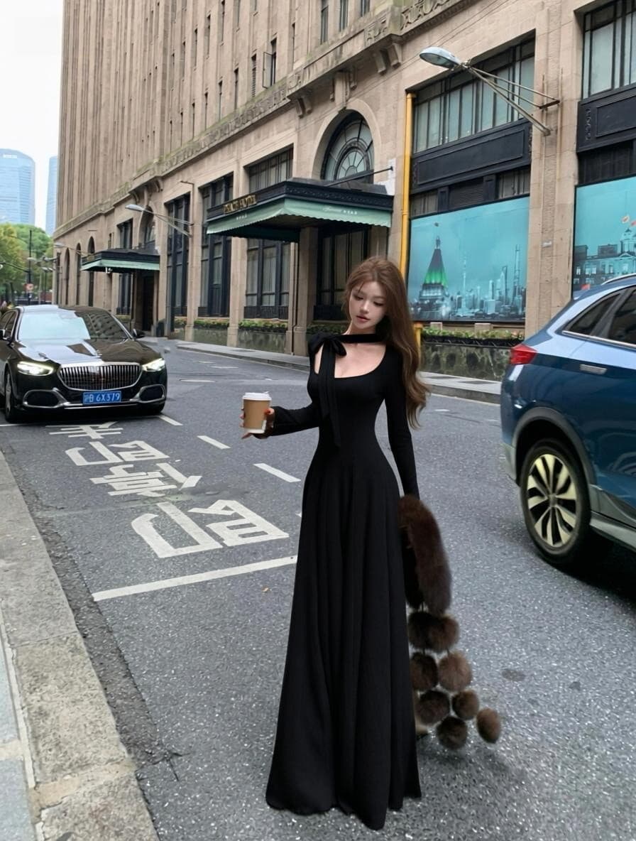 정가 실사 발레 바람 예술 대 치마 광장 칼라 레이스업 니트 허리 수축 긴팔 드레스 상세 이미지 13