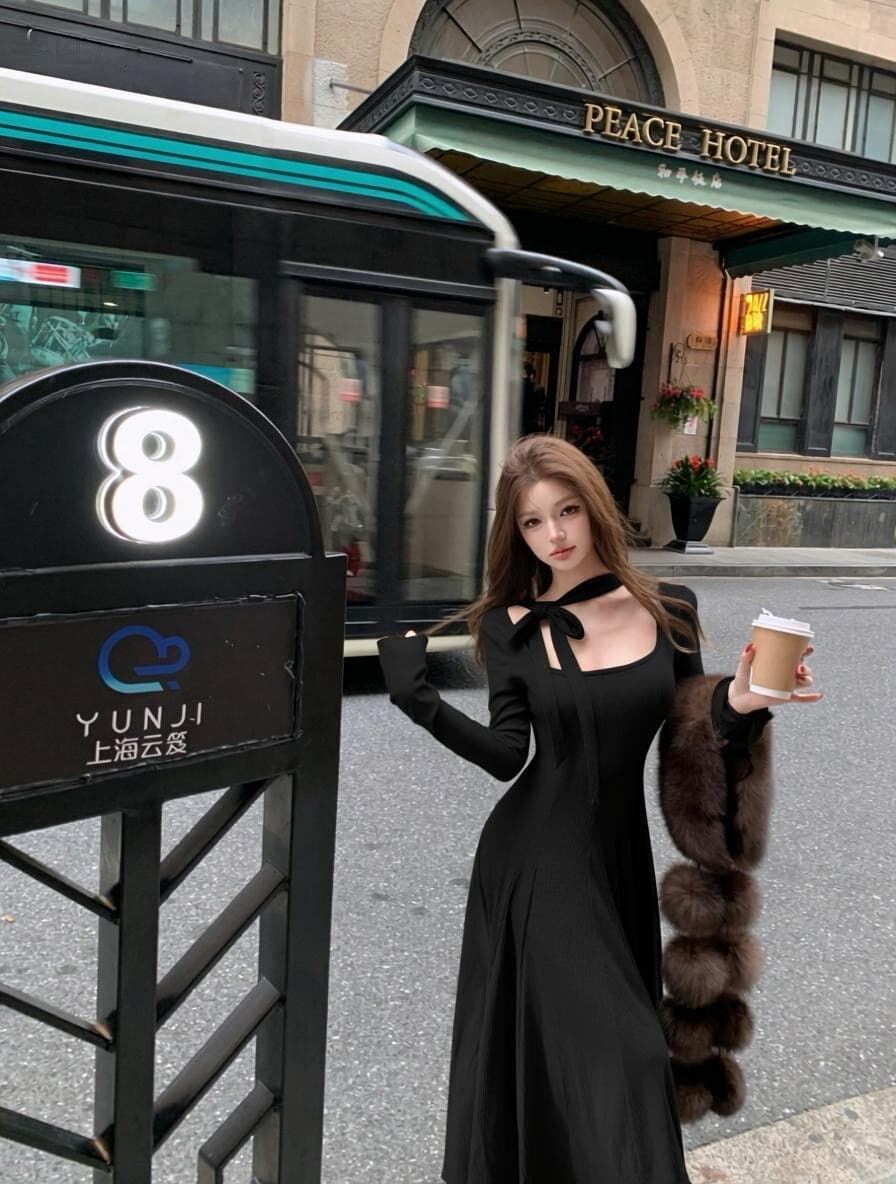 정가 실사 발레 바람 예술 대 치마 광장 칼라 레이스업 니트 허리 수축 긴팔 드레스 상세 이미지 16