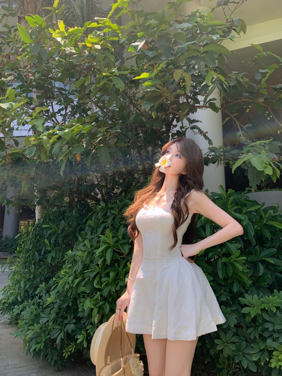 정가 실사 빛 향기로운 작은 흰색 꽃 레이스 광장 칼라 자수 슬립 드레스 허리 수축 하얀 달빛 드레스 안전 바지 상세 이미지 6