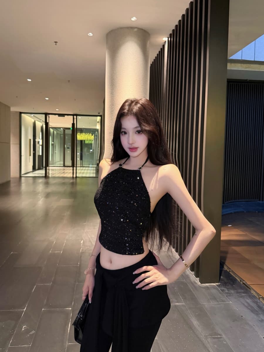 정가 실사 캐미솔 여름 스팽글 샤오시엔 백리스 행침 목 맨위 방귀 커튼 하이웨이스트 긴 바지 상세 이미지 16