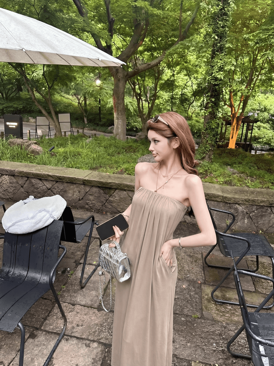정가 실사 감기 센스 3 차원 명중 Pleat 튜브탑 드레스 롱 스커트 캐주얼 치마 이미지 4