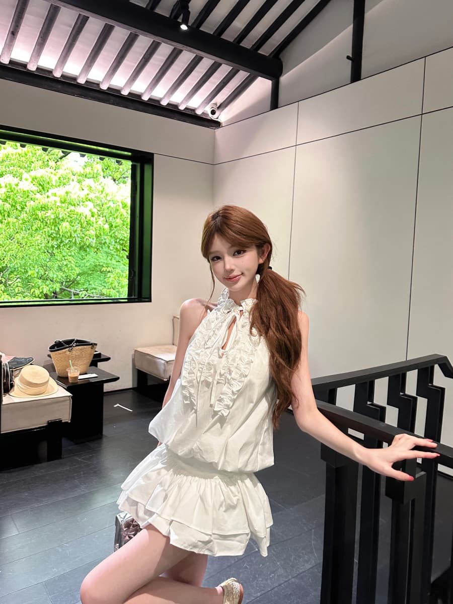 정가 실사 주름 프릴 행침 목 민소매 조끼 원피스 짧은 치마 레깅스 이미지 3