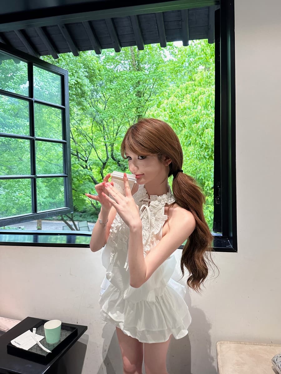 정가 실사 주름 프릴 행침 목 민소매 조끼 원피스 짧은 치마 레깅스 이미지 4