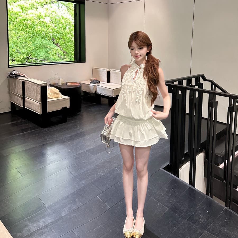 정가 실사 주름 프릴 행침 목 민소매 조끼 원피스 짧은 치마 레깅스 이미지 5