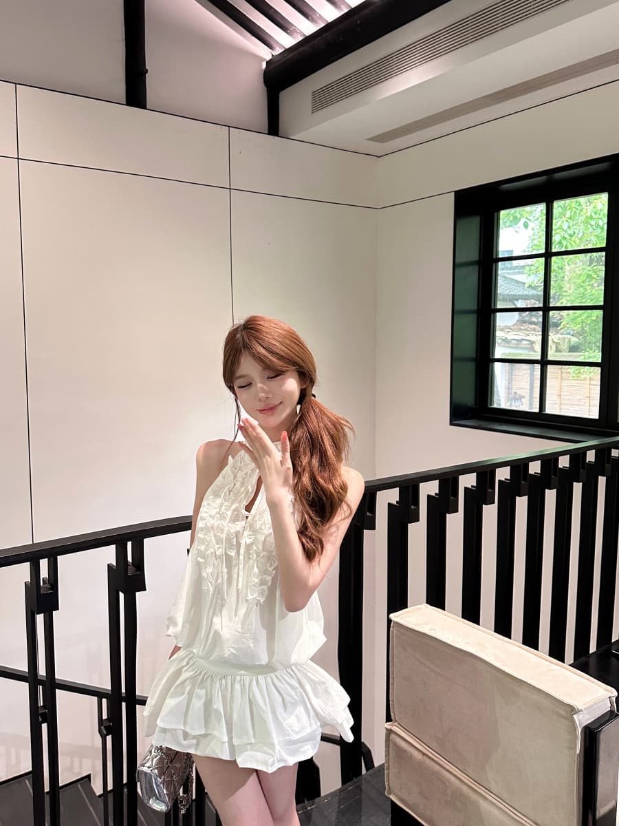 정가 실사 주름 프릴 행침 목 민소매 조끼 원피스 짧은 치마 레깅스 상세 이미지 5