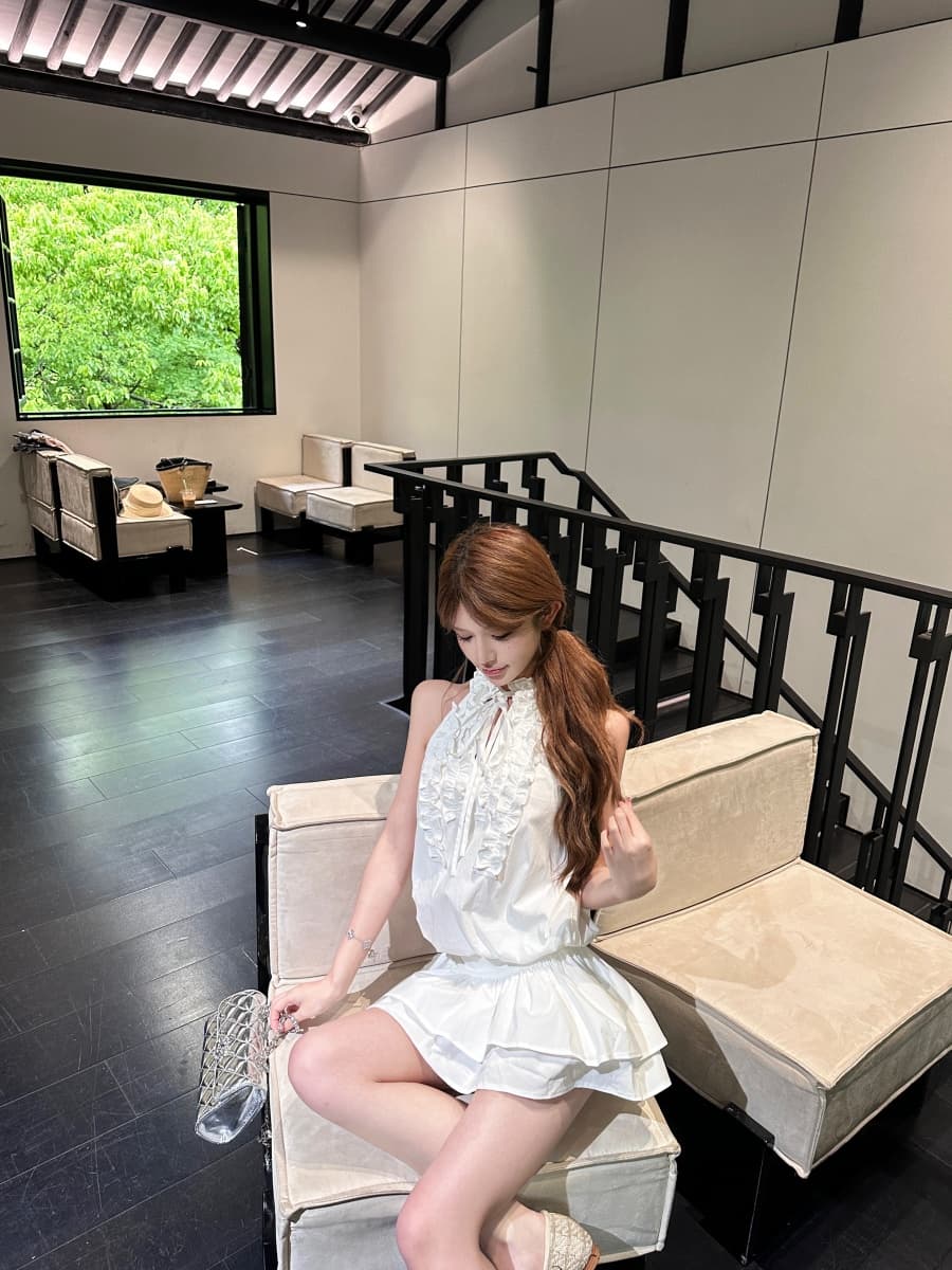 정가 실사 주름 프릴 행침 목 민소매 조끼 원피스 짧은 치마 레깅스 상세 이미지 6
